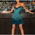 Elegant Sequined Mini Dress with Tassels and Feathers for Women - Spaghetti Strap Evening Party Attire